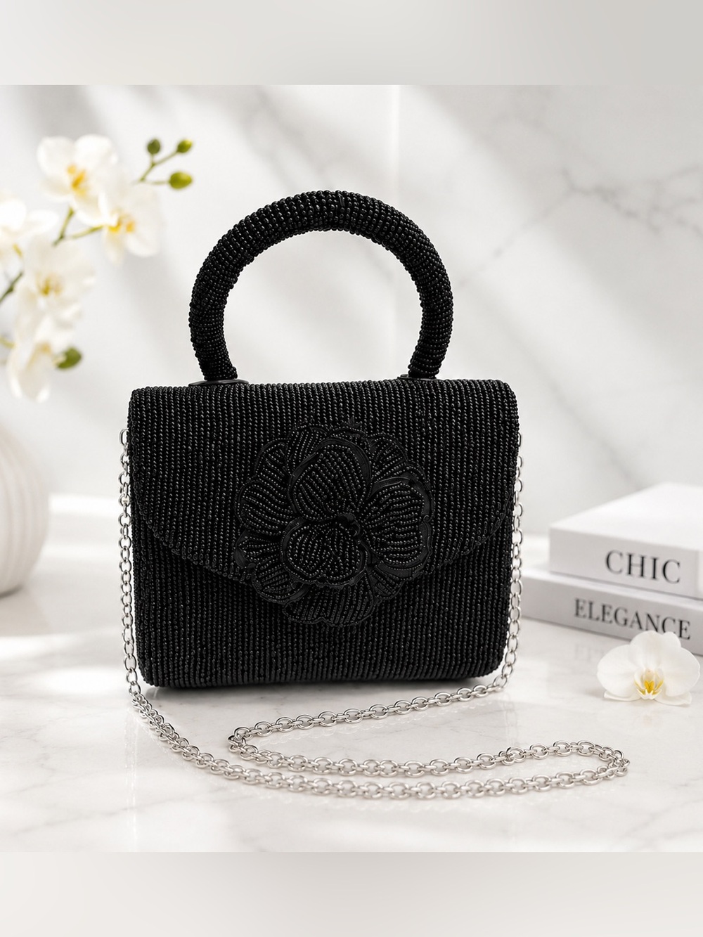 NWT Rachel Zoe Black Beaded Mini Top Handle Crossbody Bag | Floral Evening Purse